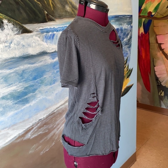 Striped Black and Gray Distressed Women's Top - Picture 4 of 5